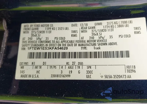 2019 Ford F-150 Lariat z USA, uszkodzony, nr VIN 1FTEW1E53KFA54620